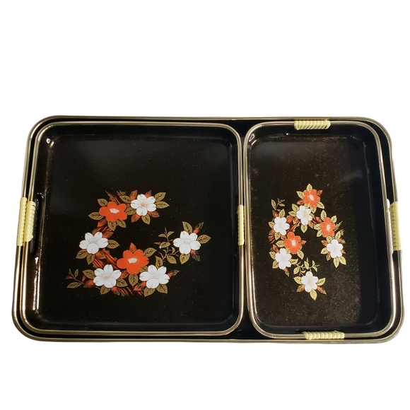 3 Piece Floral Lacquer Ware Serving Tray Set - Picture 3 of 6